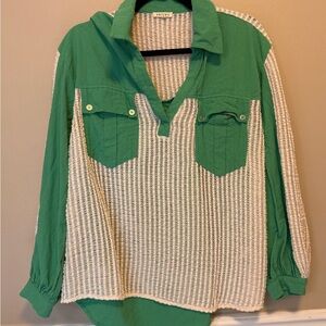 JODIFL Green and White Textured Top